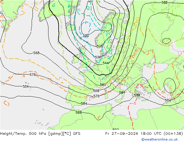 Height/Temp. 500 hPa GFS Pá 27.09.2024 18 UTC