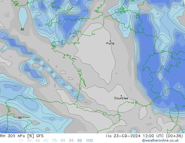 RH 300 hPa GFS Seg 23.09.2024 12 UTC