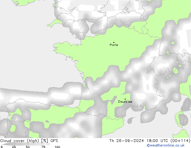 Cloud cover (high) GFS Th 26.09.2024 18 UTC