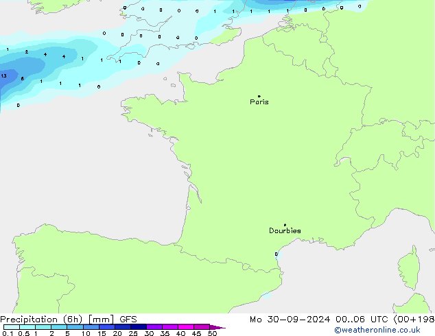 Precipitation (6h) GFS Mo 30.09.2024 06 UTC