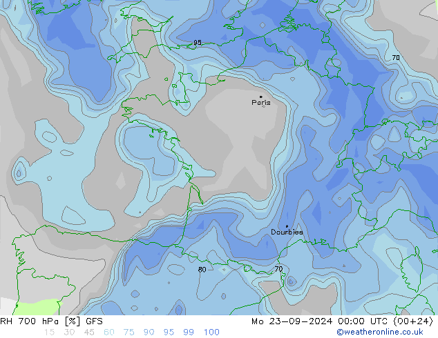 RH 700 гПа GFS пн 23.09.2024 00 UTC