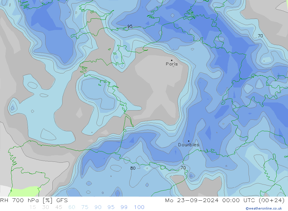 RH 700 hPa GFS Po 23.09.2024 00 UTC