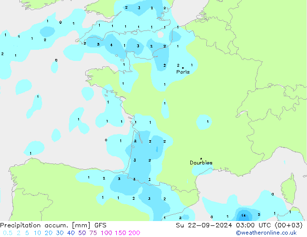 Totale neerslag GFS zo 22.09.2024 03 UTC