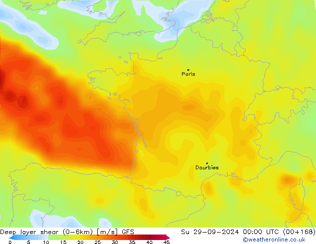 Deep layer shear (0-6km) GFS Su 29.09.2024 00 UTC