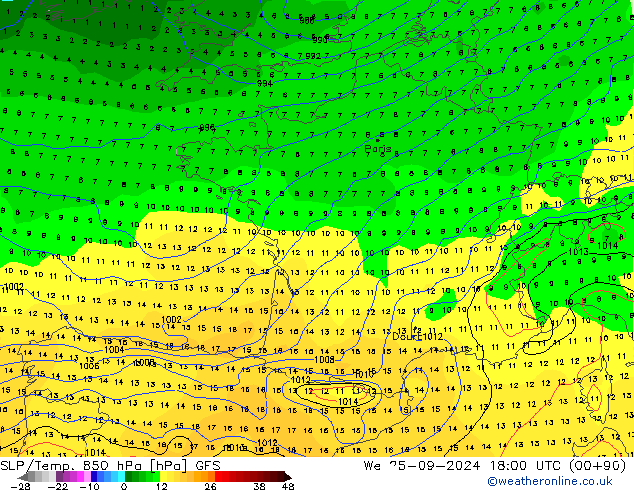 SLP/Temp. 850 hPa GFS We 25.09.2024 18 UTC