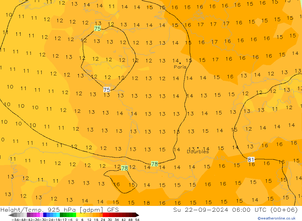 Height/Temp. 925 hPa GFS So 22.09.2024 06 UTC