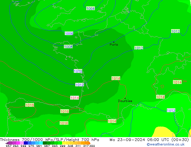 700-1000 hPa Kalınlığı GFS Pzt 23.09.2024 06 UTC