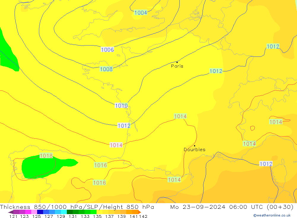 Dikte 850-1000 hPa GFS ma 23.09.2024 06 UTC