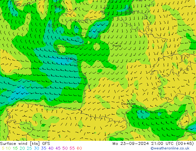 Surface wind GFS Mo 23.09.2024 21 UTC