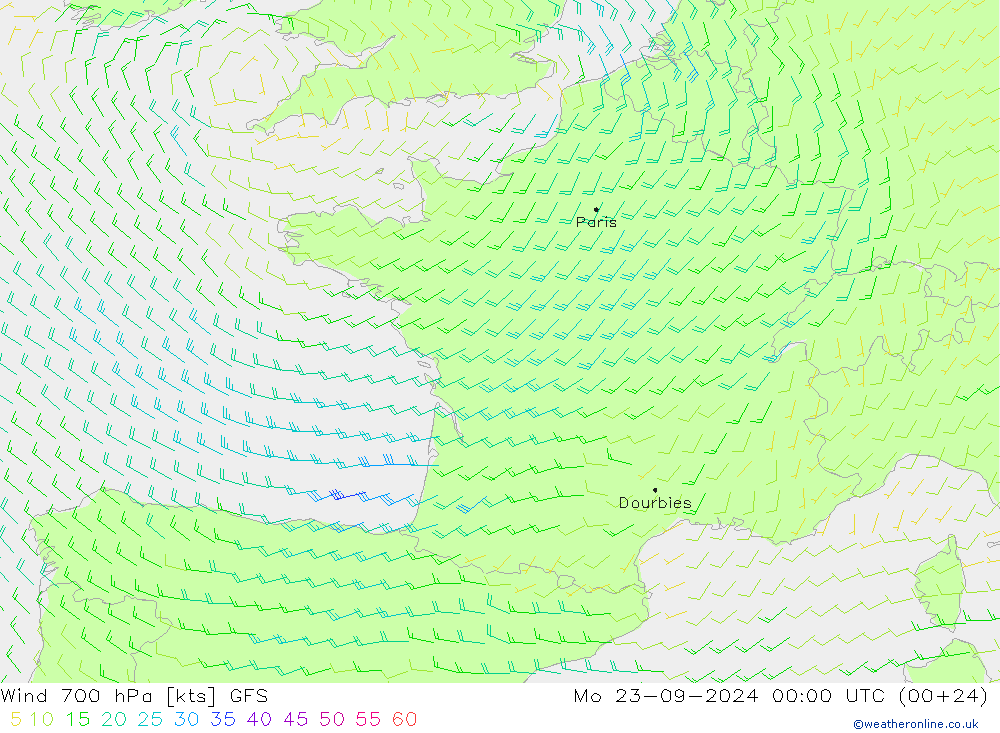 Rüzgar 700 hPa GFS Pzt 23.09.2024 00 UTC