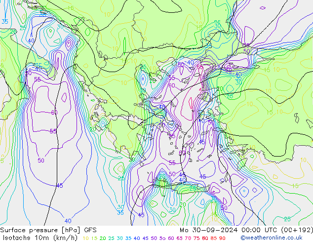 Isotachs (kph) GFS Mo 30.09.2024 00 UTC