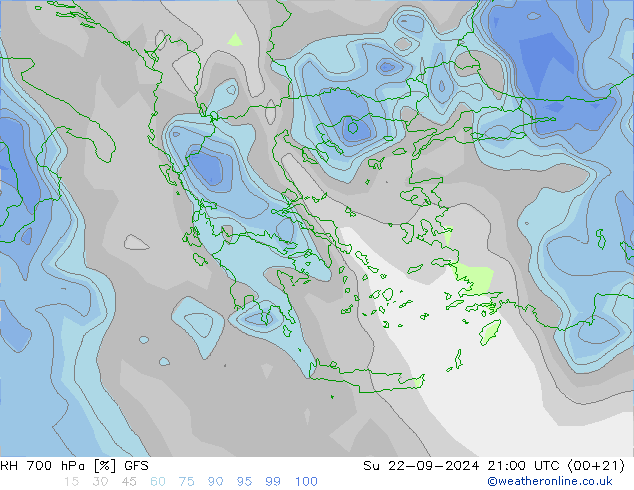 RH 700 hPa GFS Dom 22.09.2024 21 UTC