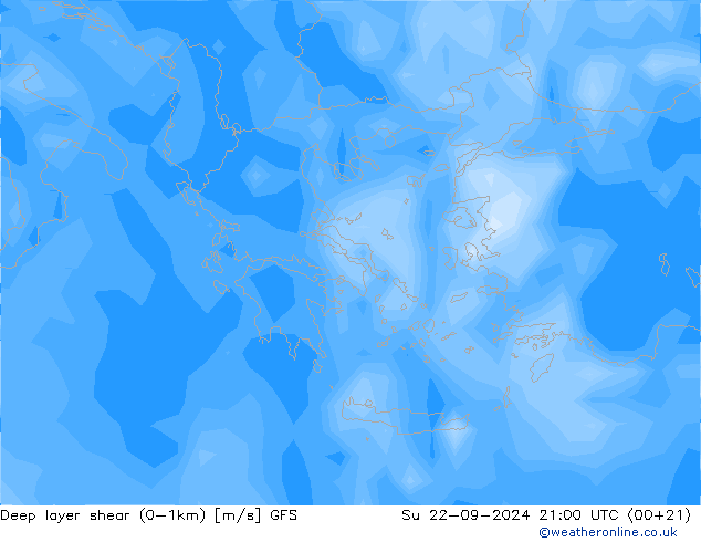 Deep layer shear (0-1km) GFS Su 22.09.2024 21 UTC