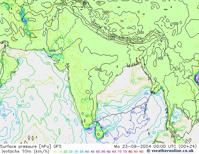 Isotachs (kph) GFS Mo 23.09.2024 00 UTC