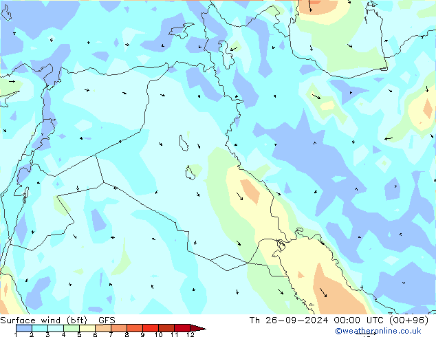 Surface wind (bft) GFS Th 26.09.2024 00 UTC