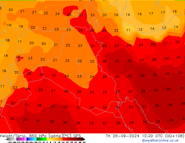 Hoogte/Temp. 850 hPa GFS do 26.09.2024 12 UTC