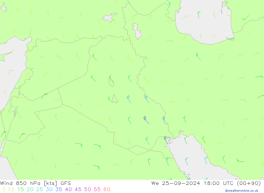 ветер 850 гПа GFS ср 25.09.2024 18 UTC