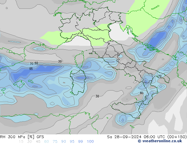 RH 300 hPa GFS so. 28.09.2024 06 UTC