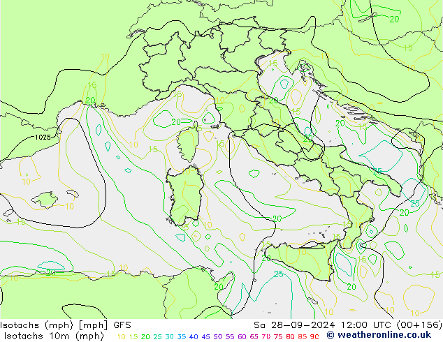 Isotachs (mph) GFS sab 28.09.2024 12 UTC