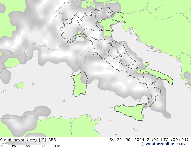 Cloud cover (low) GFS Su 22.09.2024 21 UTC