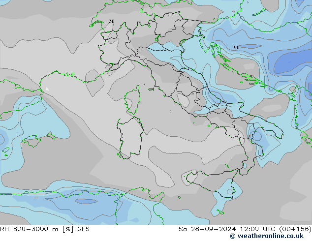 RH 600-3000 m GFS sab 28.09.2024 12 UTC