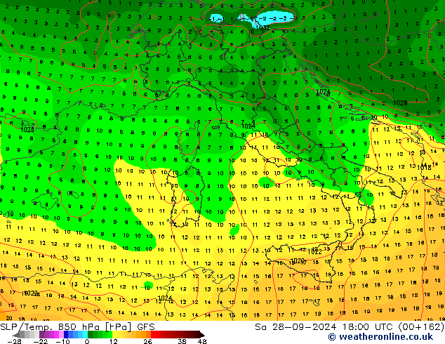 SLP/Temp. 850 hPa GFS Sáb 28.09.2024 18 UTC