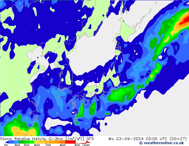 Storm Relative Helicity GFS Pzt 23.09.2024 03 UTC