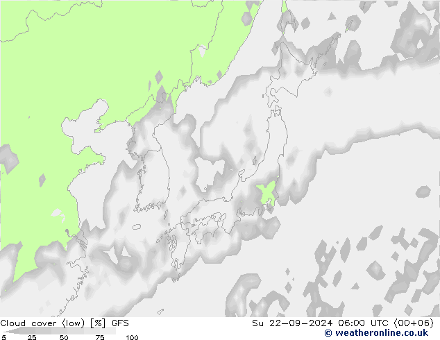 Cloud cover (low) GFS Su 22.09.2024 06 UTC