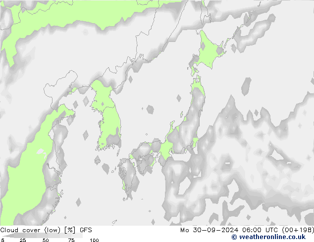 Bewolking (Laag) GFS ma 30.09.2024 06 UTC