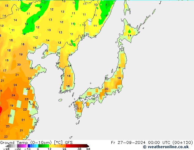 Temperatur 0-10 cm GFS Fr 27.09.2024 00 UTC