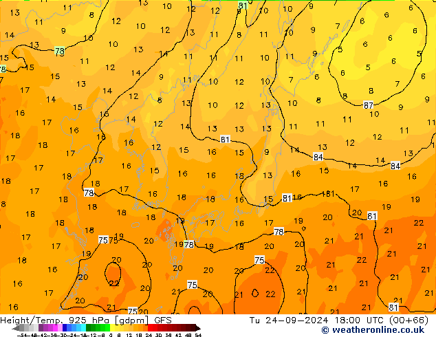 Height/Temp. 925 hPa GFS Di 24.09.2024 18 UTC