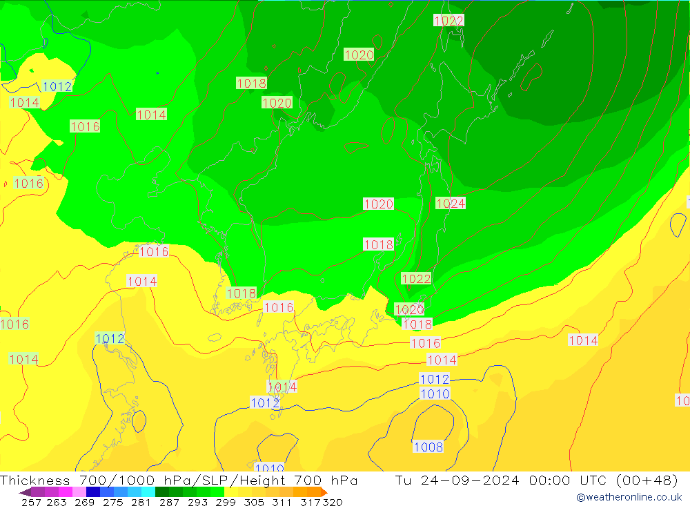 Thck 700-1000 hPa GFS Ter 24.09.2024 00 UTC