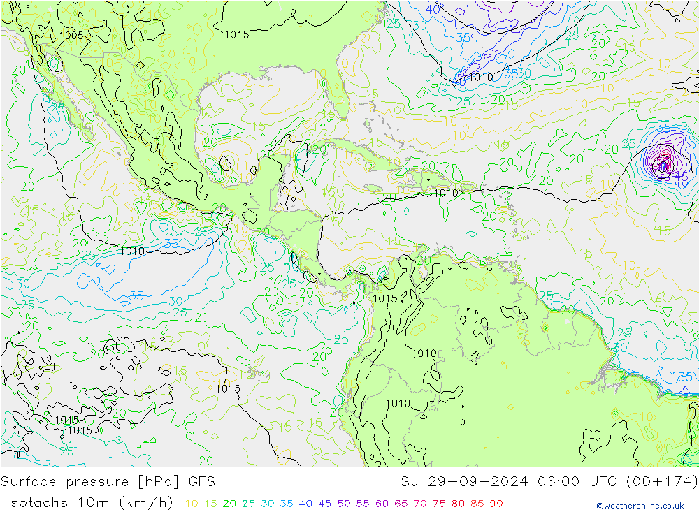 Isotachs (kph) GFS Вс 29.09.2024 06 UTC