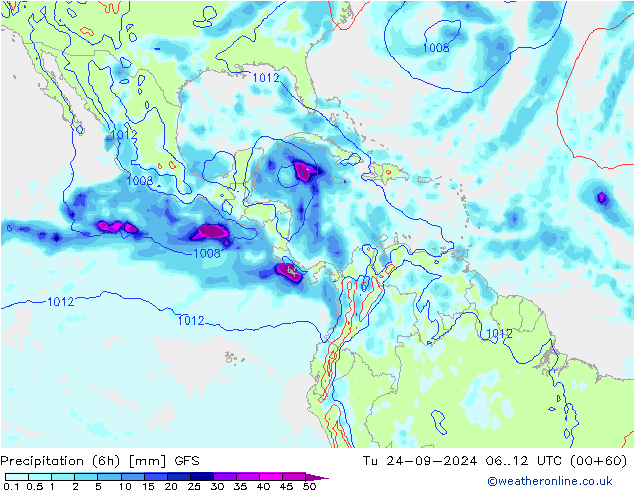 Precipitation (6h) GFS Út 24.09.2024 12 UTC