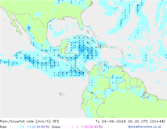 Rain/Snowfall rate GFS Út 24.09.2024 00 UTC