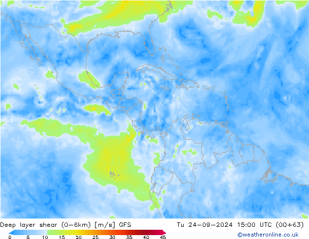 Deep layer shear (0-6km) GFS Tu 24.09.2024 15 UTC