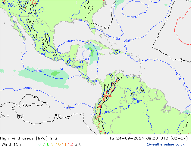 High wind areas GFS Út 24.09.2024 09 UTC