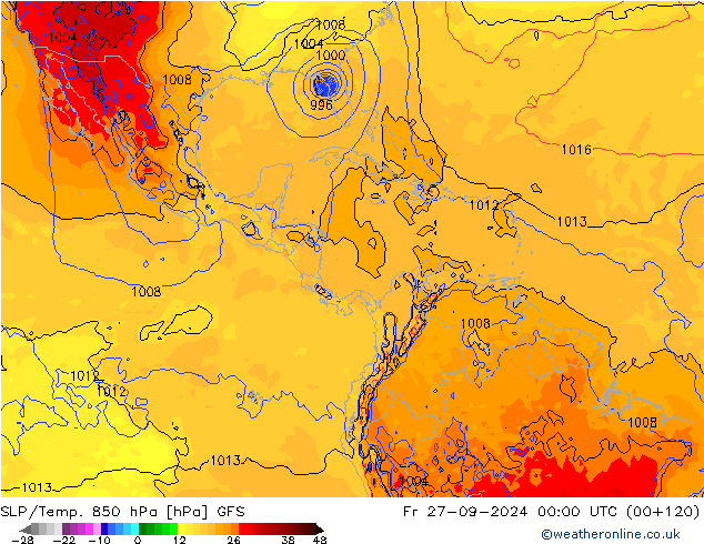 SLP/Temp. 850 hPa GFS Sex 27.09.2024 00 UTC