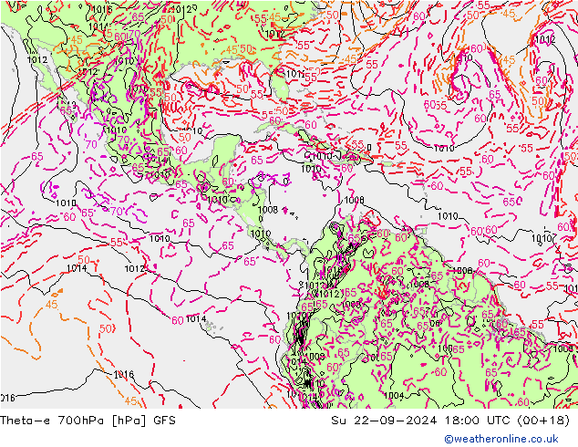 Theta-e 700hPa GFS zo 22.09.2024 18 UTC