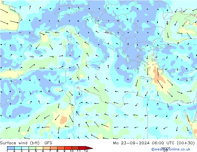 Vento 10 m (bft) GFS lun 23.09.2024 06 UTC