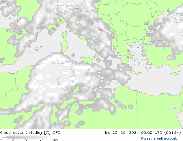 Cloud cover (middle) GFS Mo 23.09.2024 00 UTC