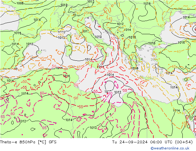 Theta-e 850hPa GFS Ter 24.09.2024 06 UTC