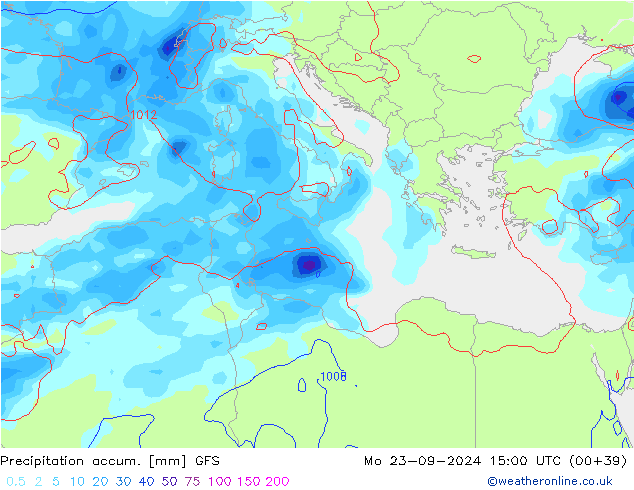 Precipitation accum. GFS Mo 23.09.2024 15 UTC