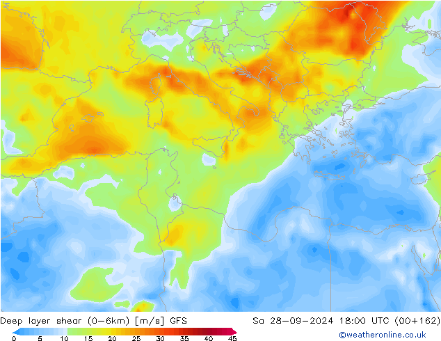 Deep layer shear (0-6km) GFS Cts 28.09.2024 18 UTC