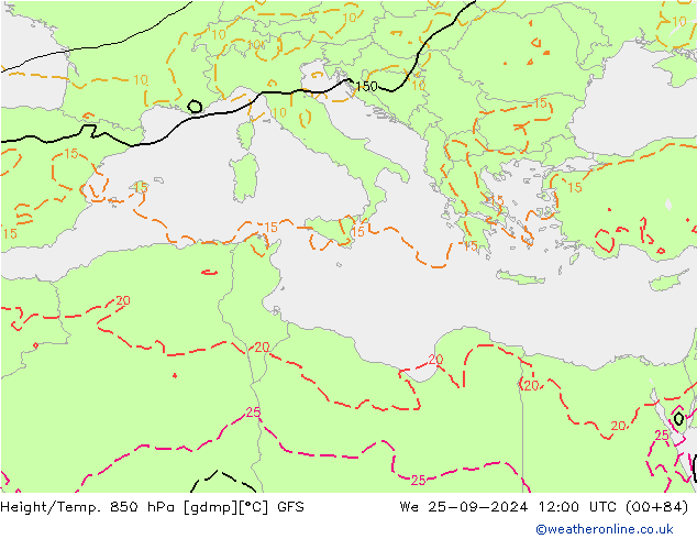 Height/Temp. 850 hPa GFS Mi 25.09.2024 12 UTC