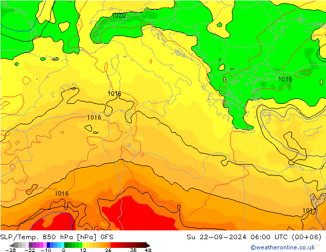 SLP/Temp. 850 hPa GFS dim 22.09.2024 06 UTC