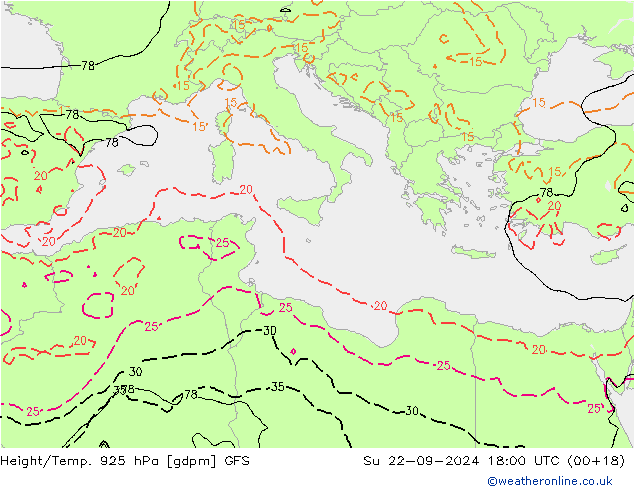 Height/Temp. 925 hPa GFS Dom 22.09.2024 18 UTC