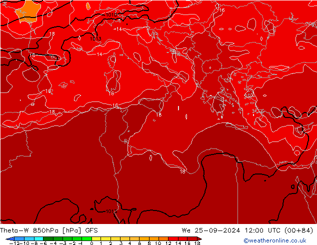 Theta-W 850hPa GFS We 25.09.2024 12 UTC