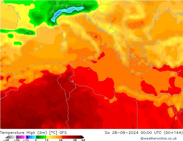 Temperature High (2m) GFS Sa 28.09.2024 00 UTC