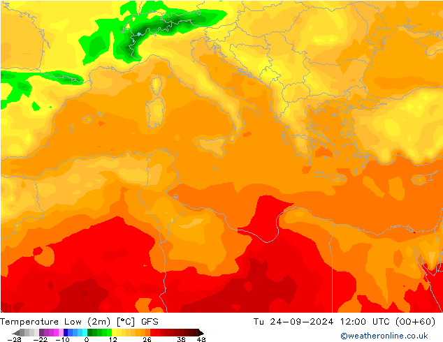 Minumum Değer (2m) GFS Sa 24.09.2024 12 UTC